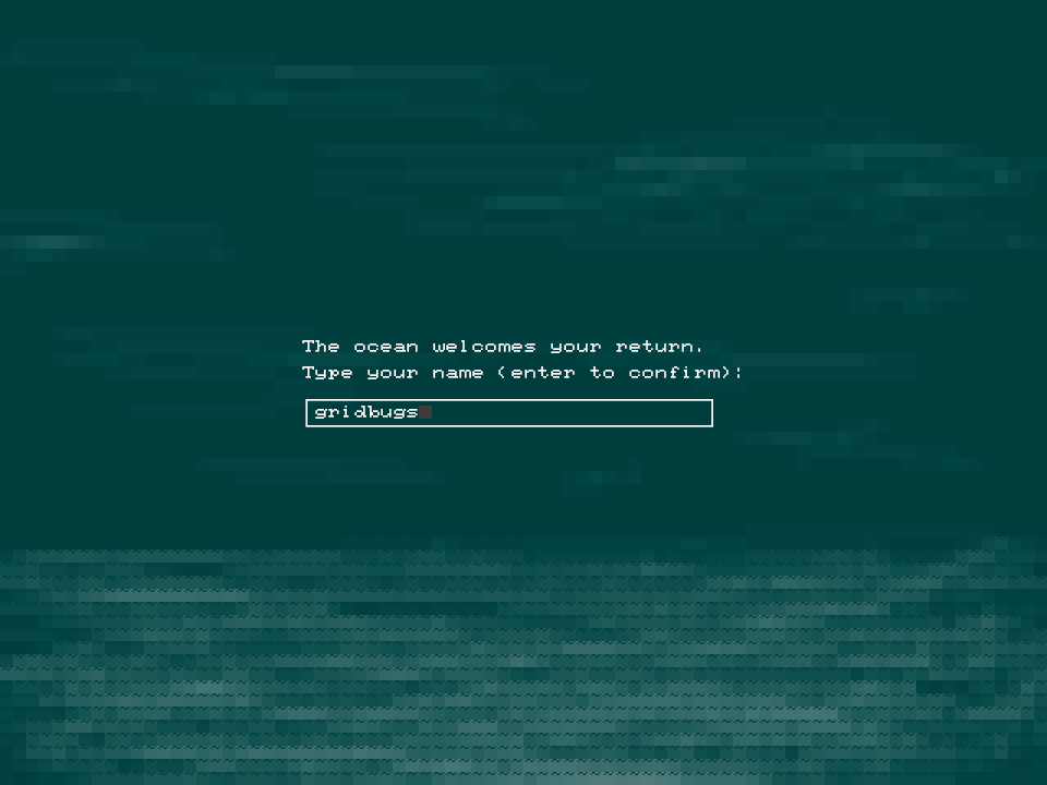 Screenshot showing the end text and prompt to enter player’s name with a picture of the ocean as the background