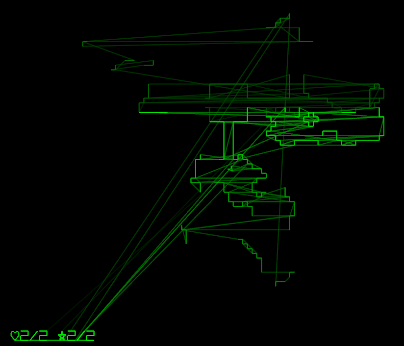 Top-down map of a dungeon, rendered with oscillographics