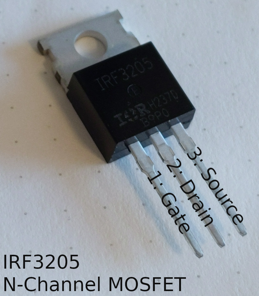 Photo of an IRF3205 MOSFET with the pins labeled from left to right: “1: Gate”, “2: Drain”, “3: Source”, and an overlay with text “IRF3205 N-Channel MOSFET”