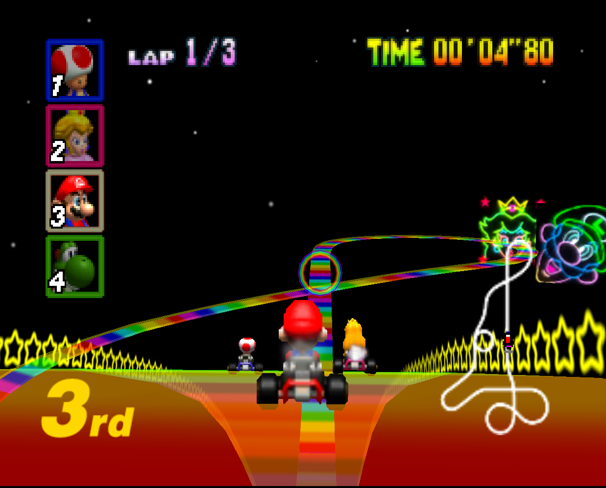 The Rainbow Road stage of Mario Kart 64