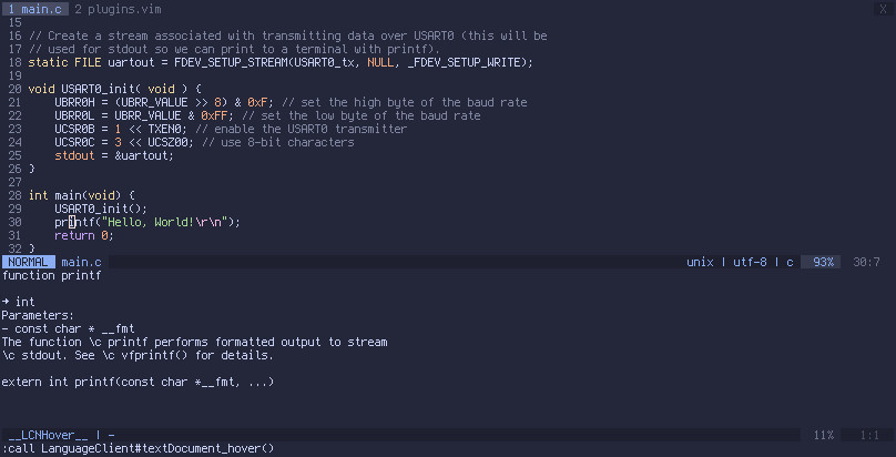 Editor showing documentation of the printf function