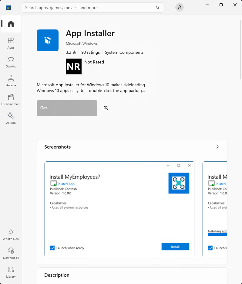 Microsoft Store page for “App Installer”